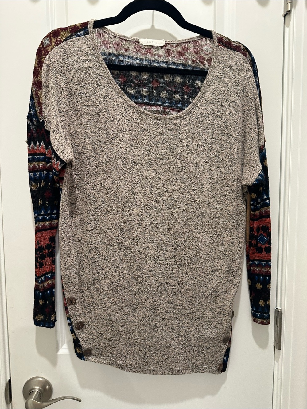Boutique Cozy Knit Sweater with Patterned Sleeve Accents - Neutral
